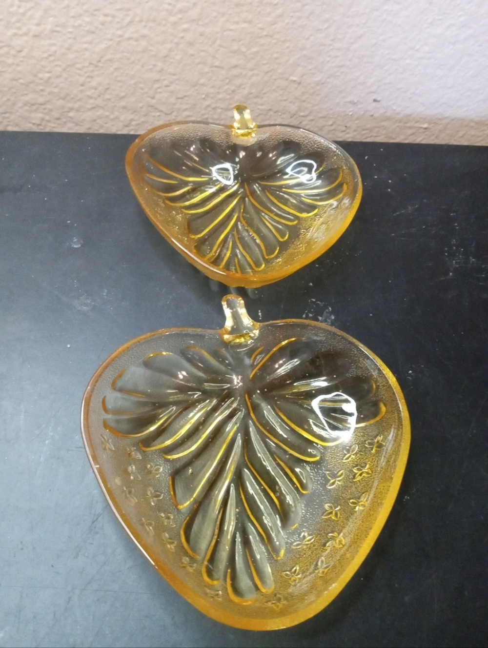 GORGEOUS Pair of Tiffin Amber Depression Glass Circa 1950 Leaf Trinket Holders